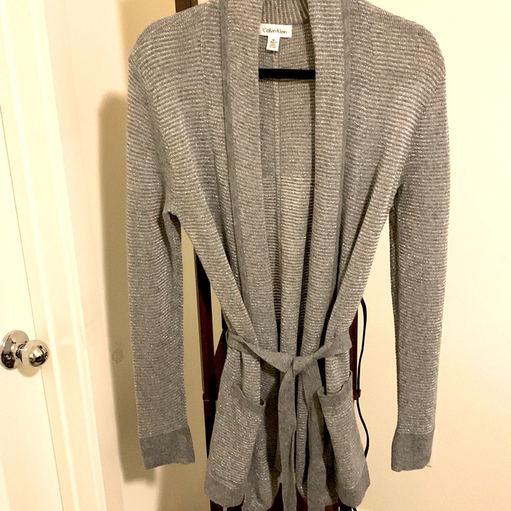 Calvin Klein lurex cotton blend cardigan with pockets and belt in sparkling grey